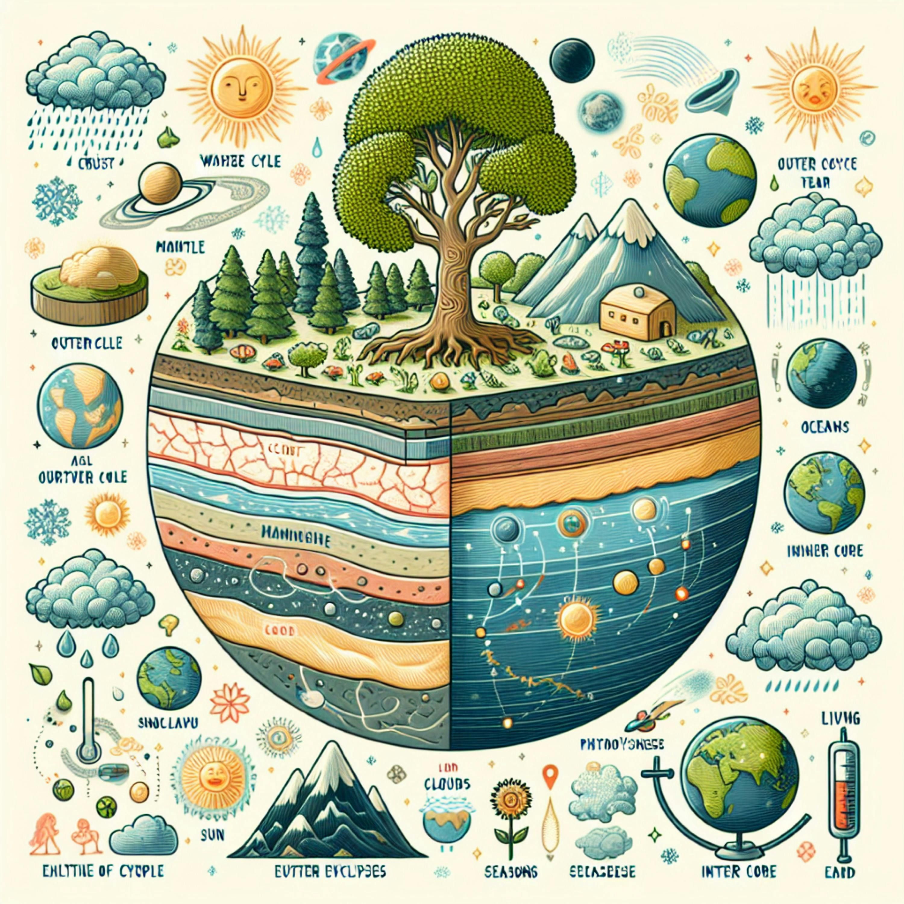 The Earth is part of the Solar System, which includes the Sun, eight planets, and their moons.