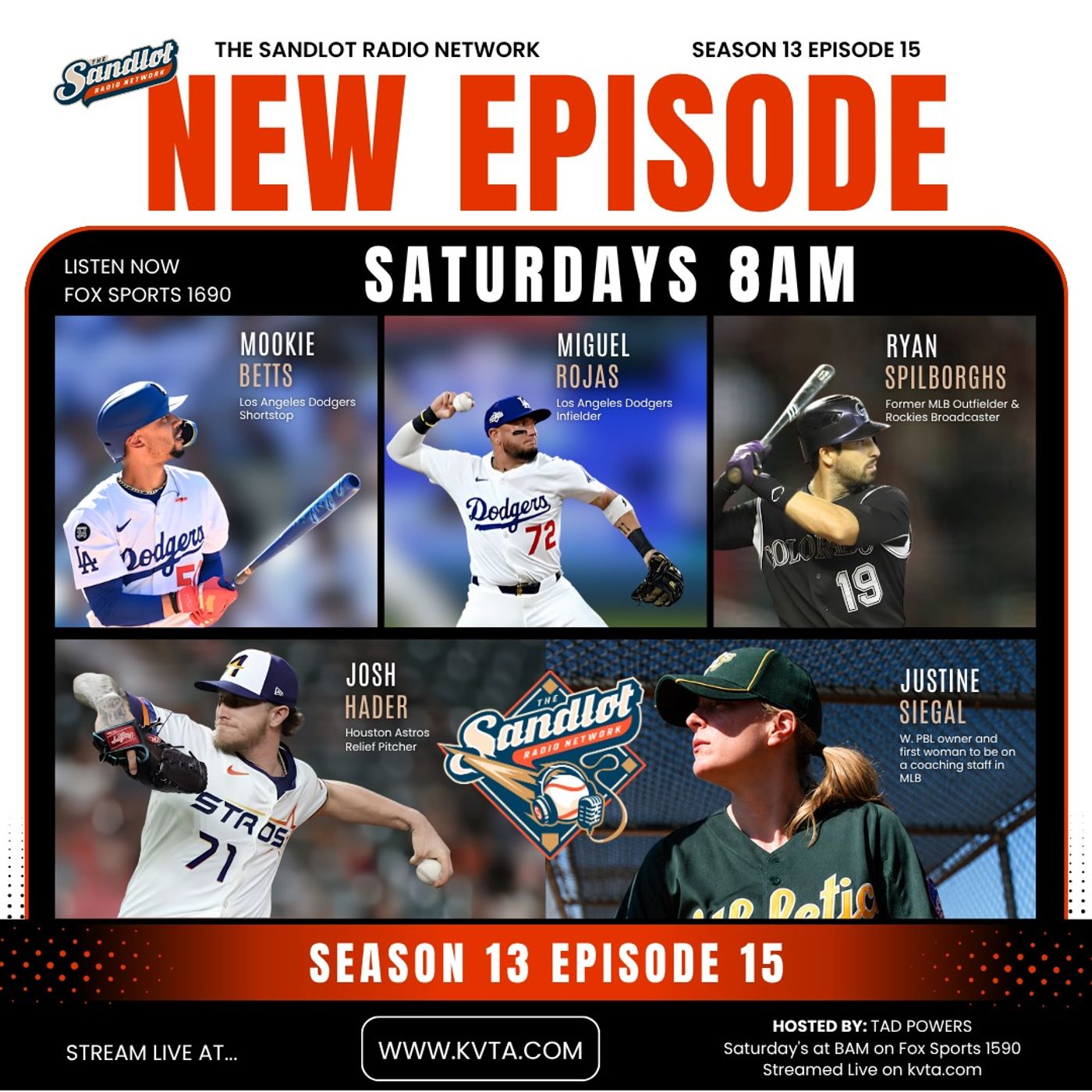 Season 13 episode 15 Features Dodger WS champs Mookie Betts and Migeul Rojas, Astros Closer Josh Hader, Rockies media man Ryan Spilborgs and WPBL founder/owner Justine Siegal.
