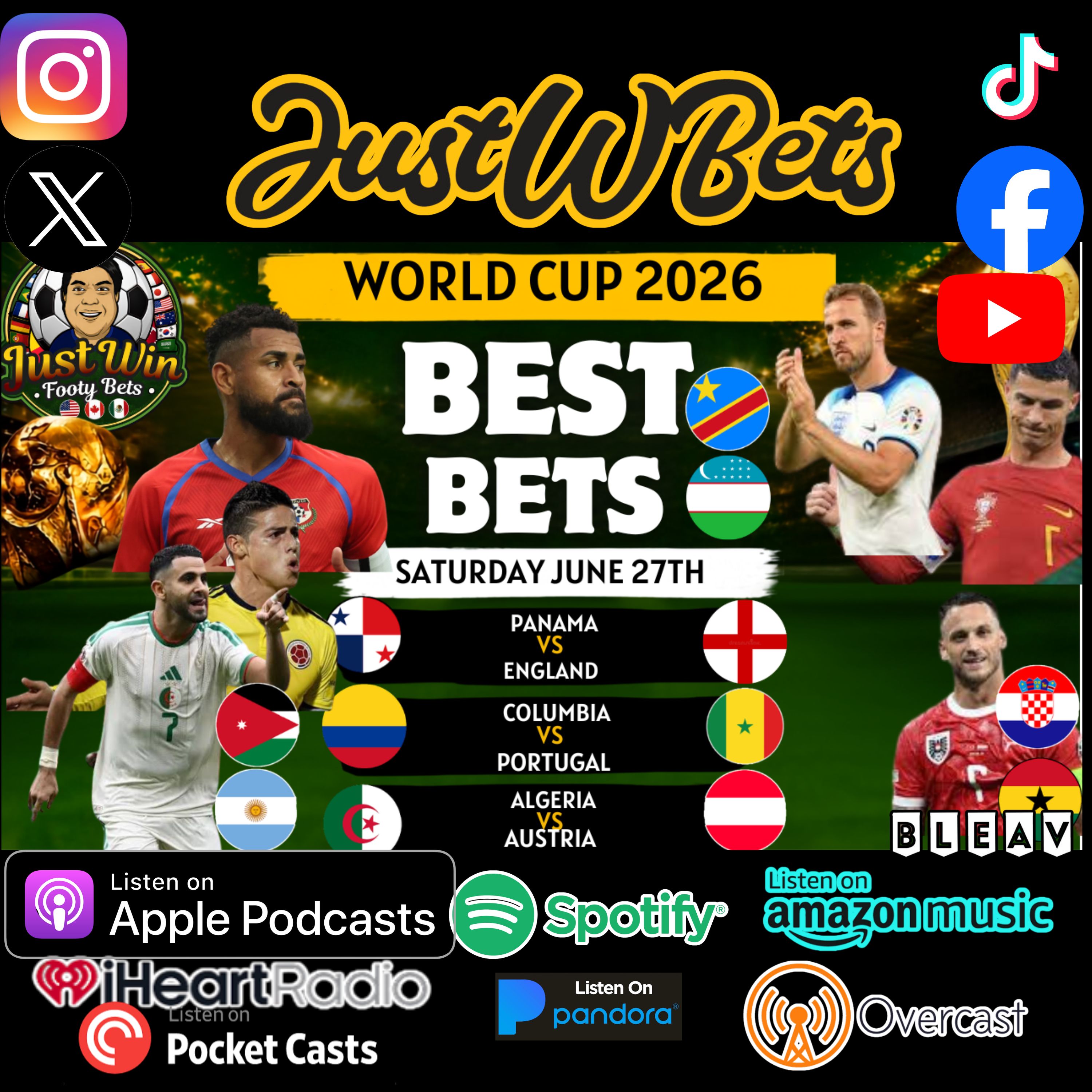 Just Win Footy Bets Show (6.27.26) – World Cup Best Bets: Don’t Miss These 6 SOCCER Picks! episode artwork