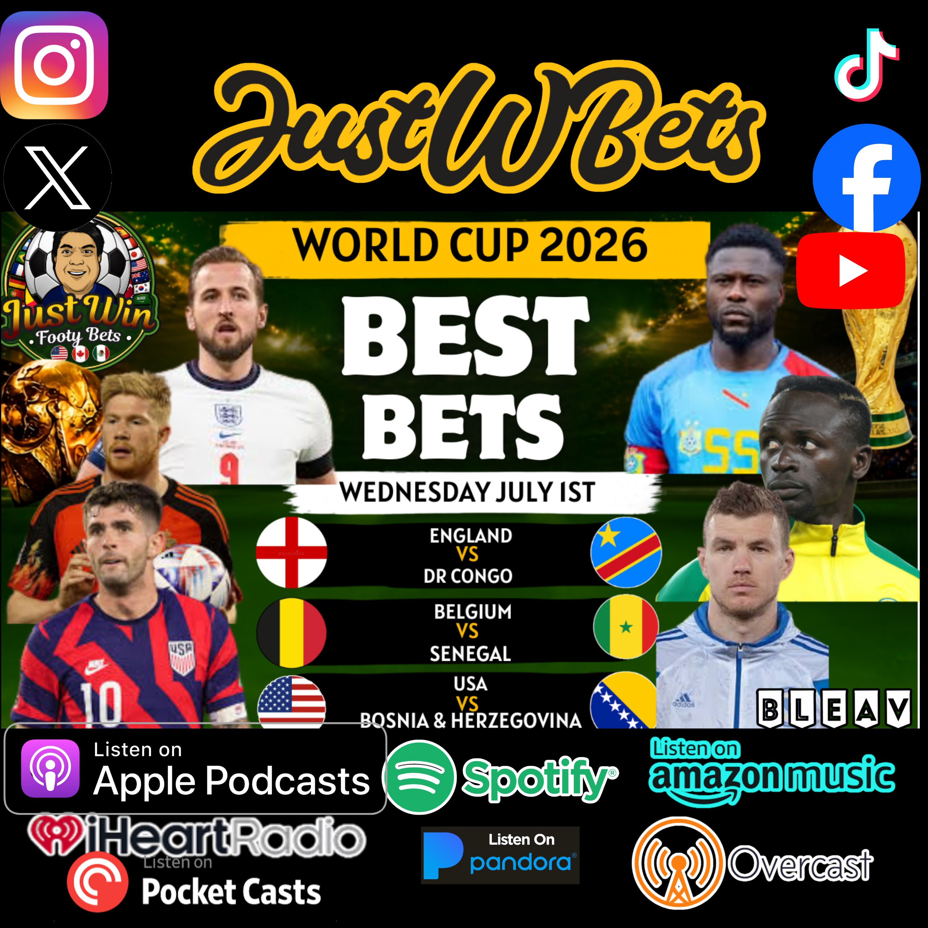 Just Win Footy Bets Show (7.1.26) – World Cup (Rd. of 32) Best Bets: Don’t Miss These 3 SOCCER Picks! episode artwork
