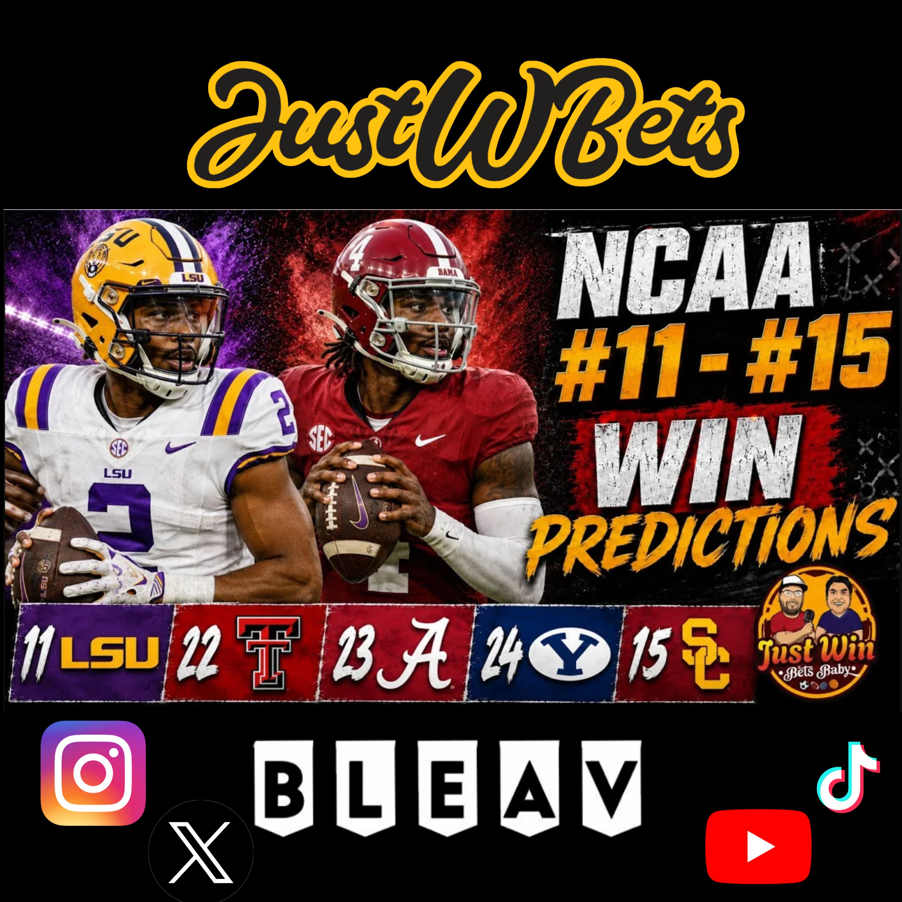 NCAA #11-#15 Win Predictions  LSU, Alabama, Texas Tech, BYU & USC episode artwork