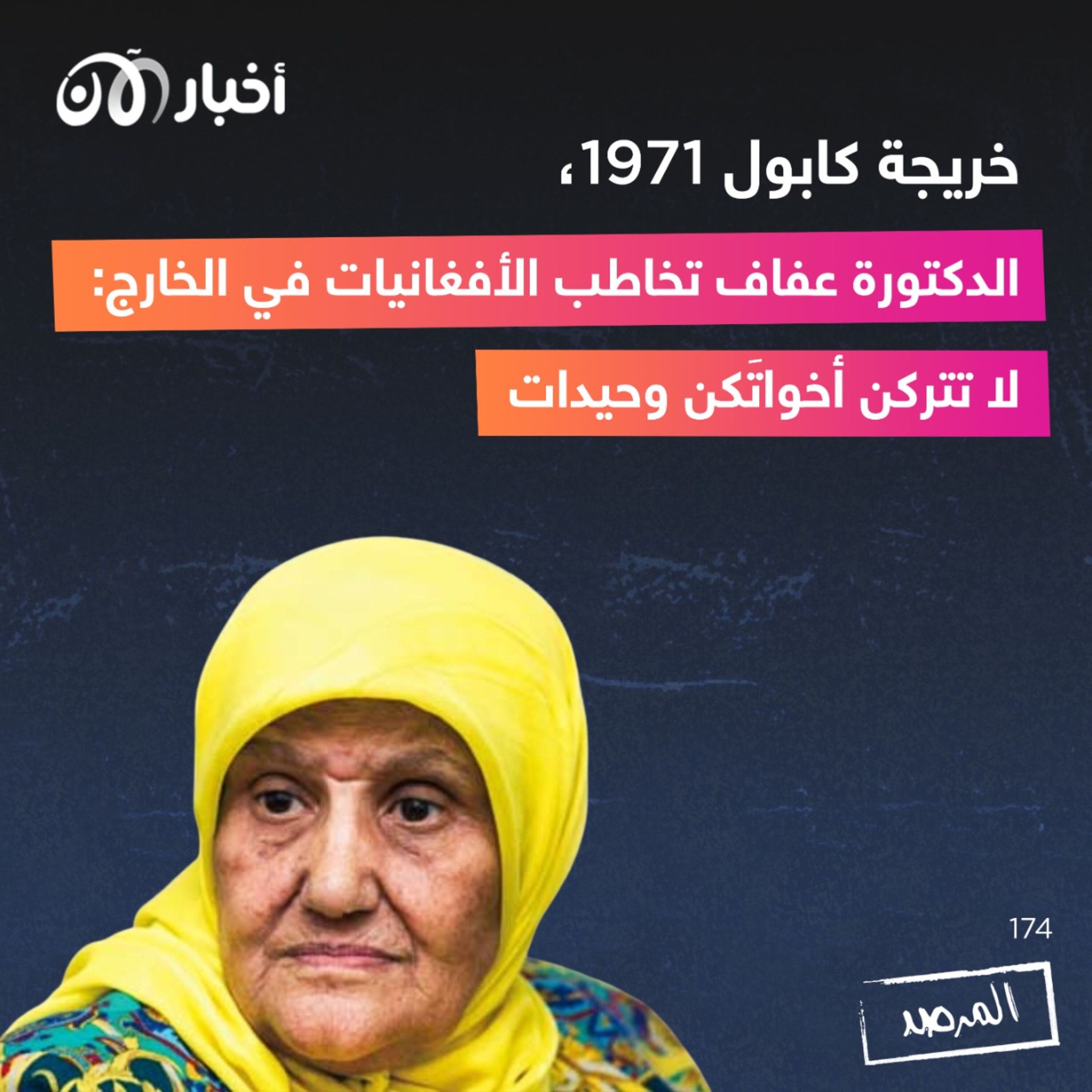المرصد ١٧٤: خريجة كابول ١٩٧١، الدكتورة عفاف تخاطب الأفغانيات في الخارج: لا تتركن أخواتَكن وحيدات episode artwork