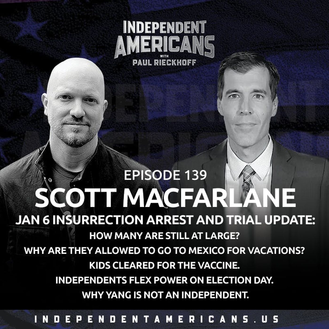 139. Scott MacFarlane. Jan 6 Insurrection Arrest and Trial Update: How Many are Still at Large? Why Are They Allowed to Go to Mexico For Vacations? Kids Cleared for the Vaccine. Independents Flex Power on Election Day. Why Yang is Not an Independent.
