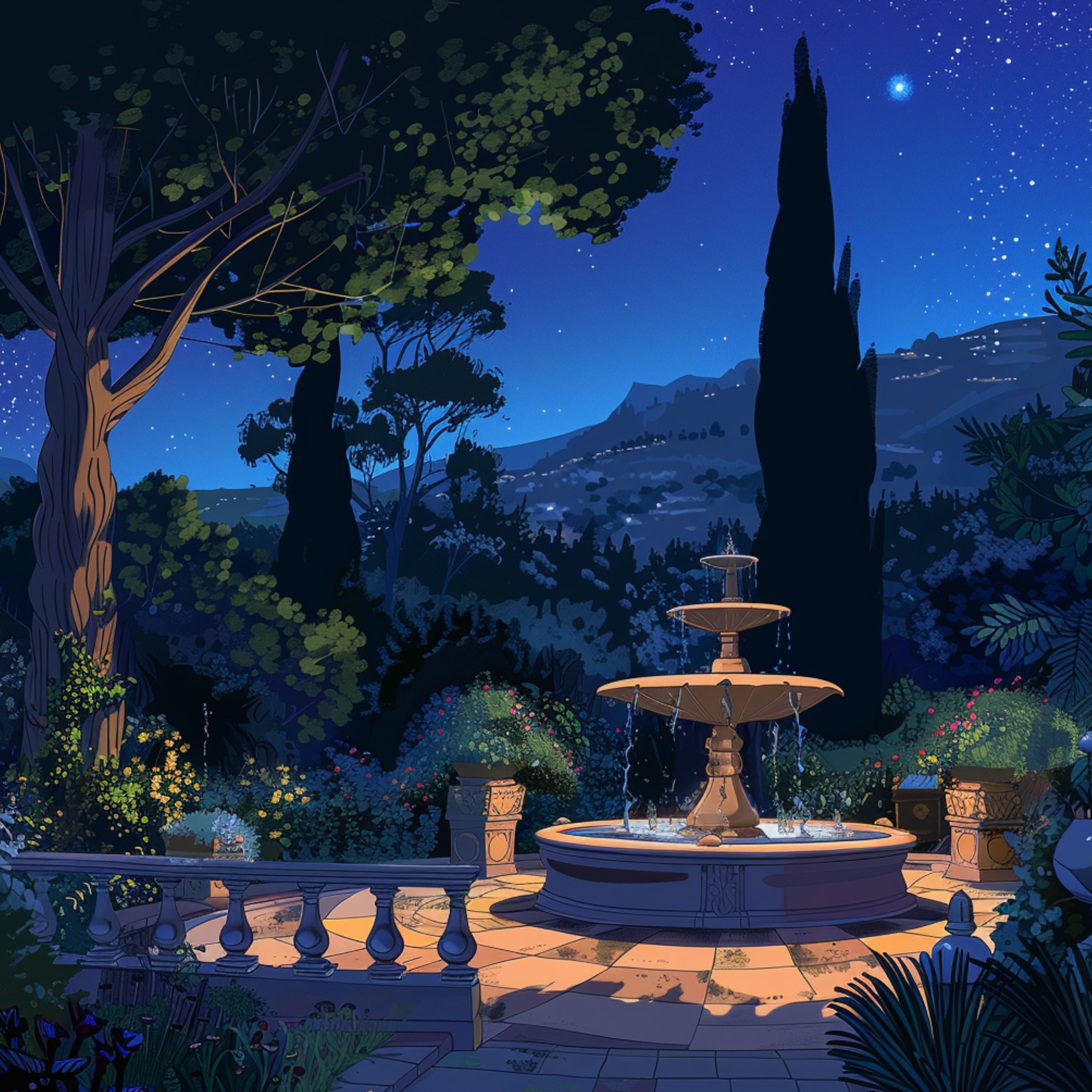 Mediterranean Night Garden | Crickets and Fountain Sounds