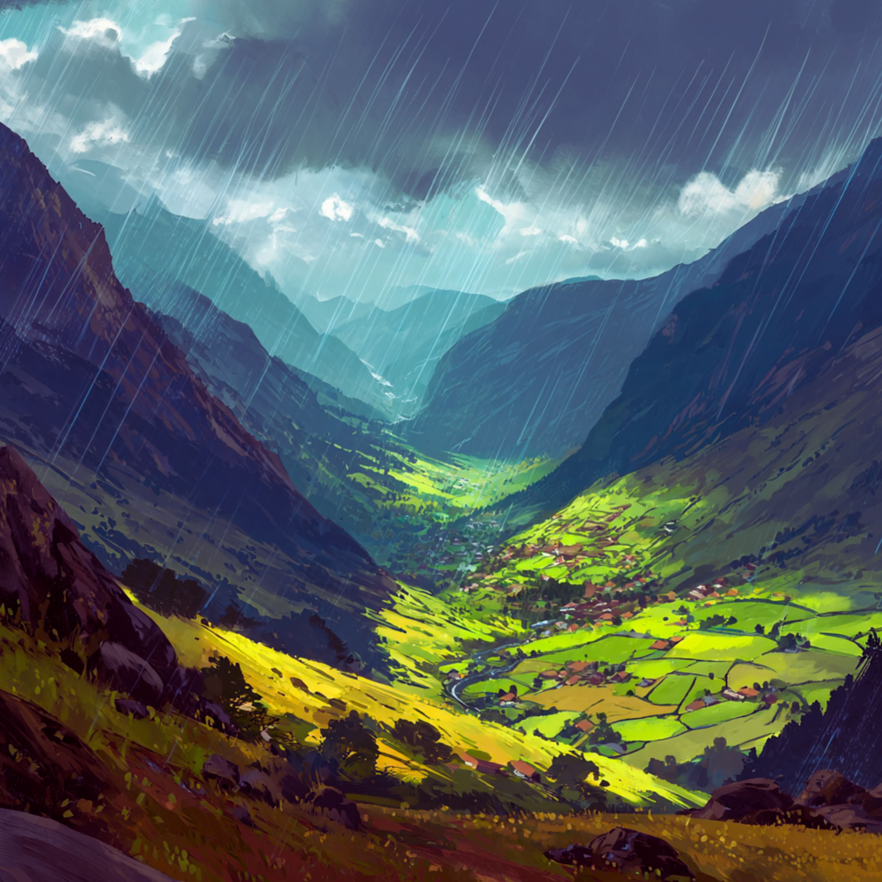 Rainfall Over a Quiet Mountain Valley