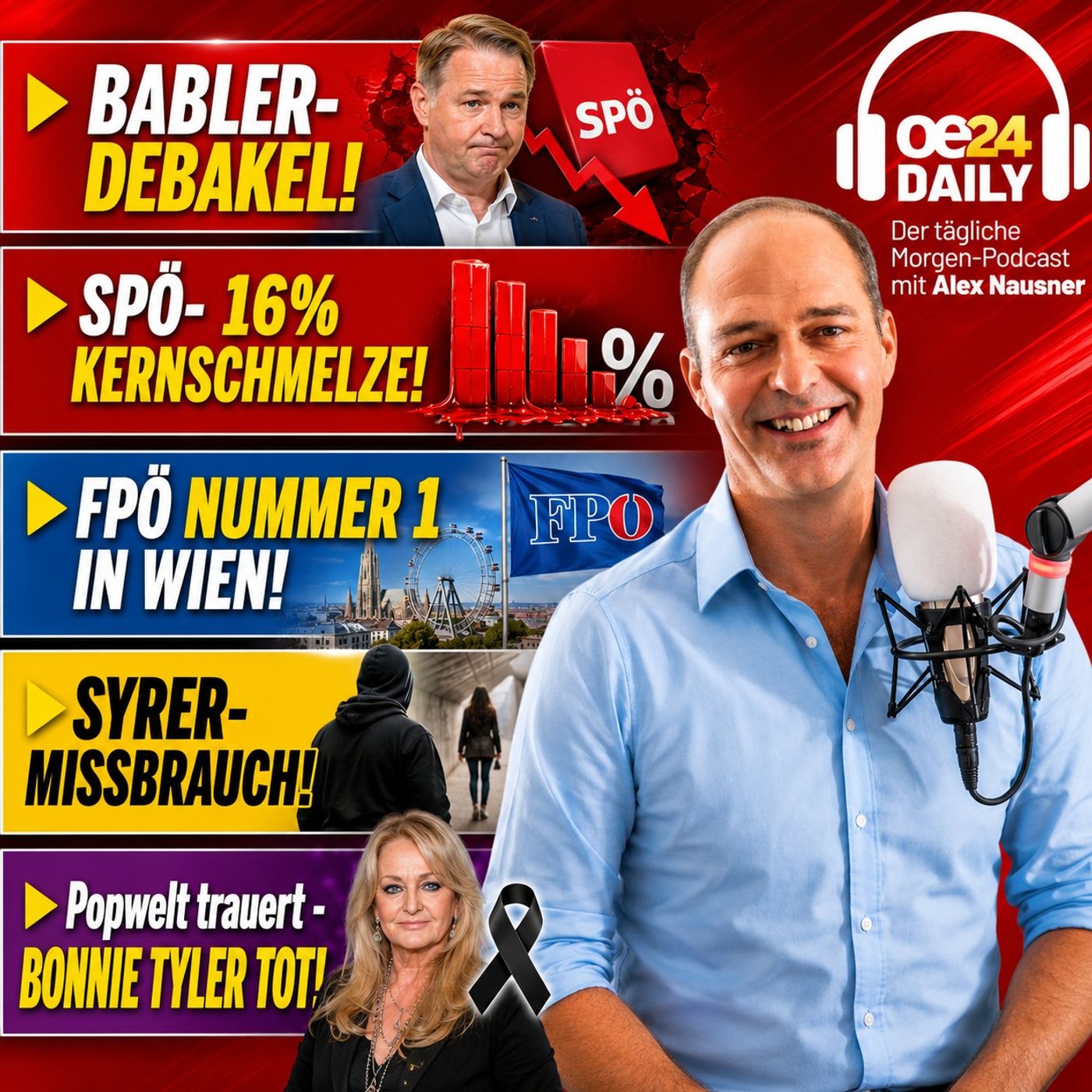 UMFRAGEKNALLER: Bablers SPÖ-Kernschmelze - Blauer Erdrutsch in Wien, Syrer-Missbrauch an 16-Jähriger, Bonnie Tyler tot & Kopftuch-Urteil! Freitag 10.07.2026 episode artwork